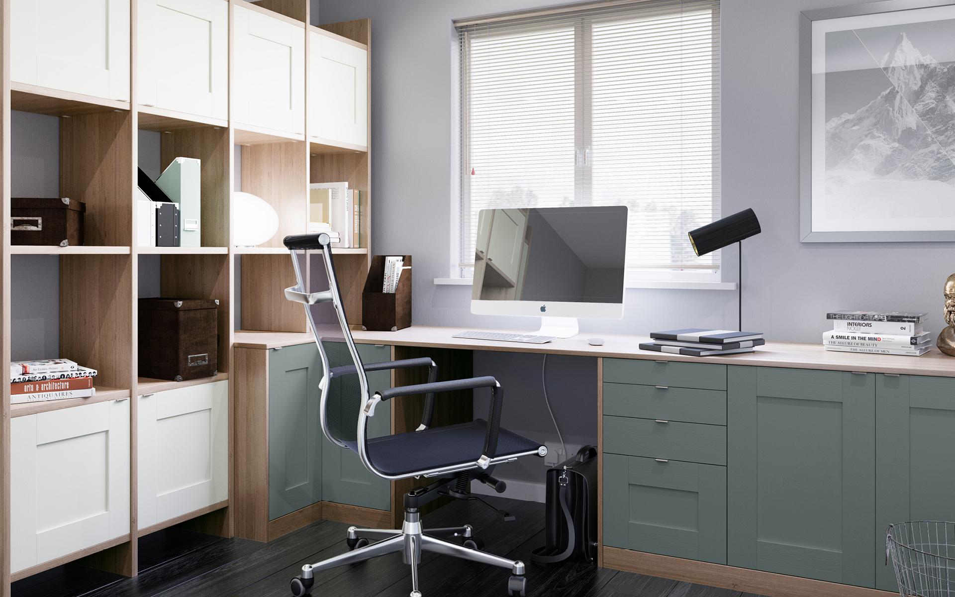 Fitted home office with open shelving and concealed storage