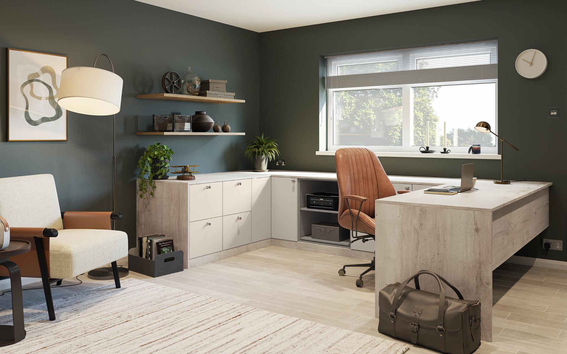 Large bespoke fitted home office with wraparound desk