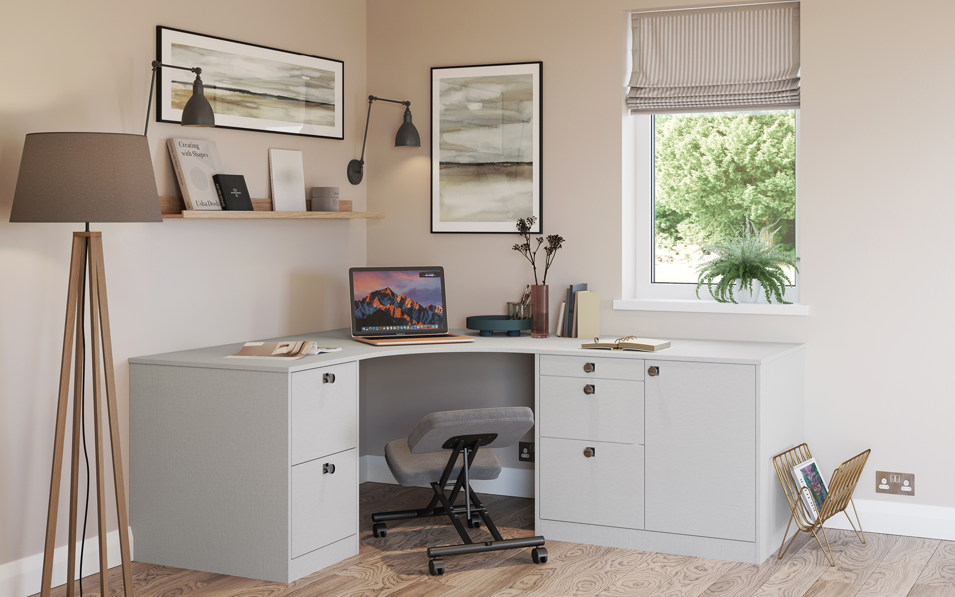 Light fitted corner home office with cabinetry and drawers
