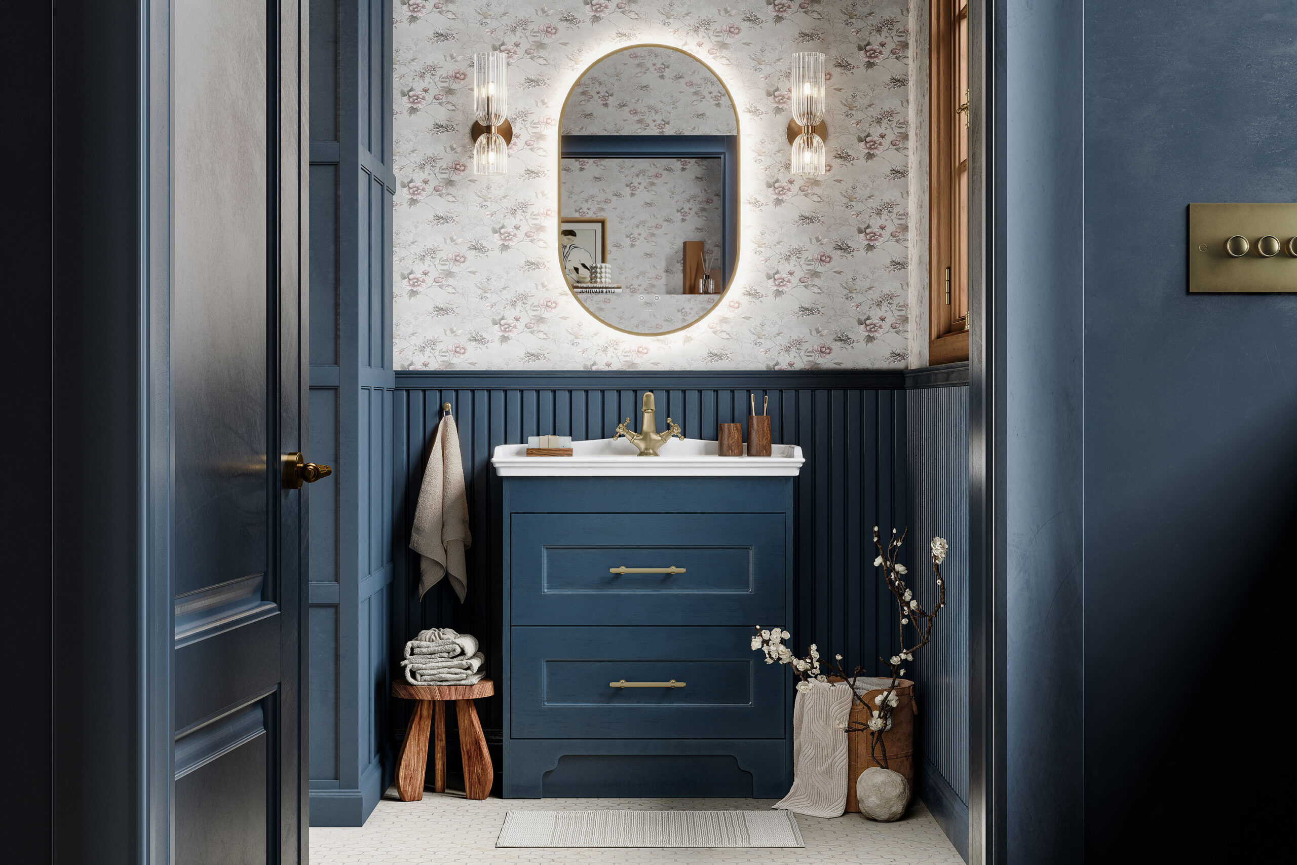 Traditional blue fitted bathroom vanity with brass details from Woodstock Calypso