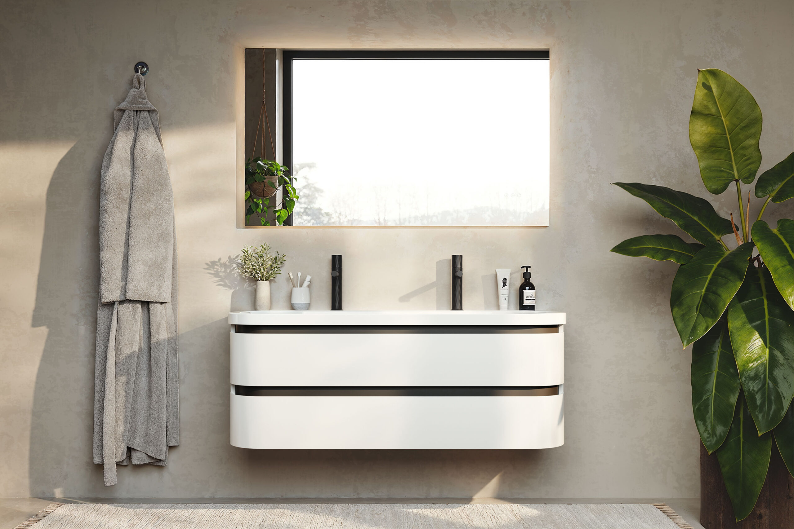 Contemporary white wall-hung bathroom furniture from Woodstock Calypso